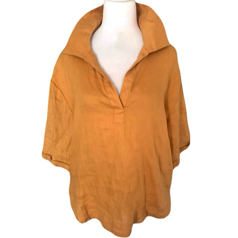 Magaschoni Women’s Small Amber Gold V Collar Popover Casual 100% Linen Tunic Top